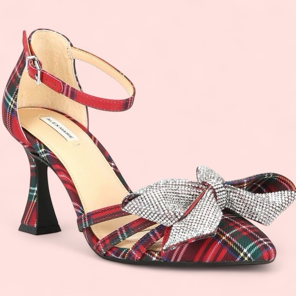 NWOB Alex Marie Carmela Plaid Rhinestone Bow Ankle Strap Dress‎ Pumps Size 5M